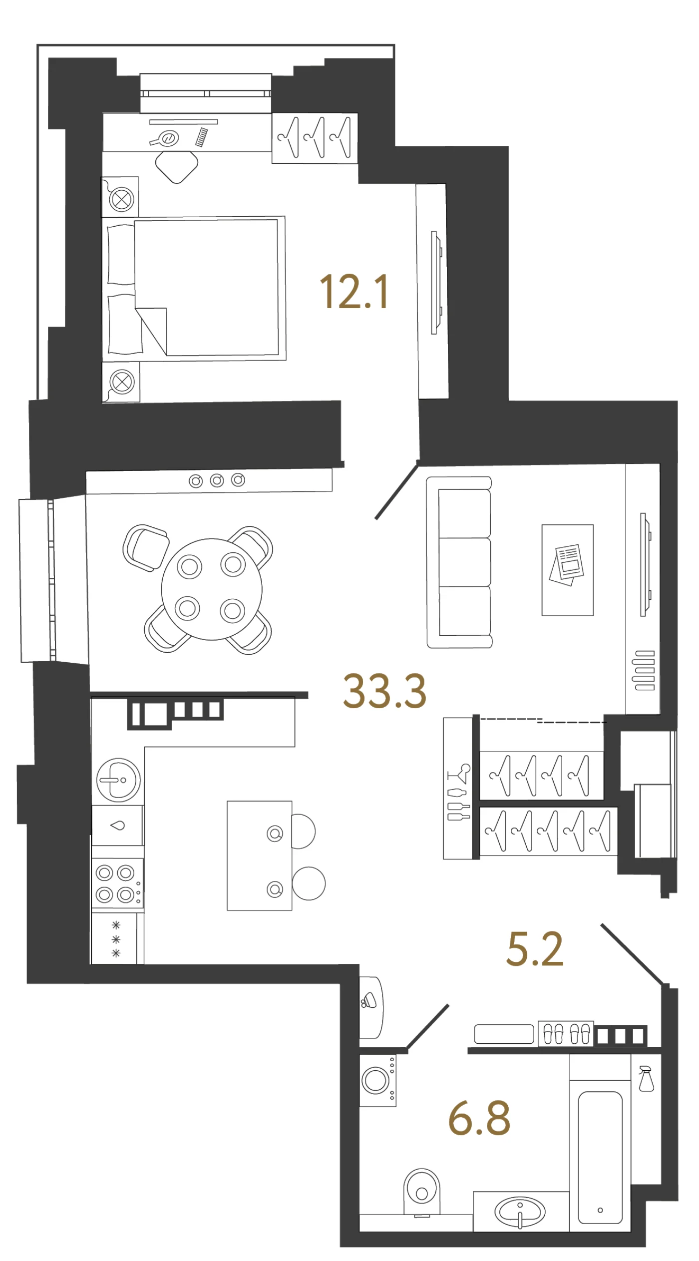 Планировка 1-комнатная 57,4 м² в ЖК «Светоч» — Светоч