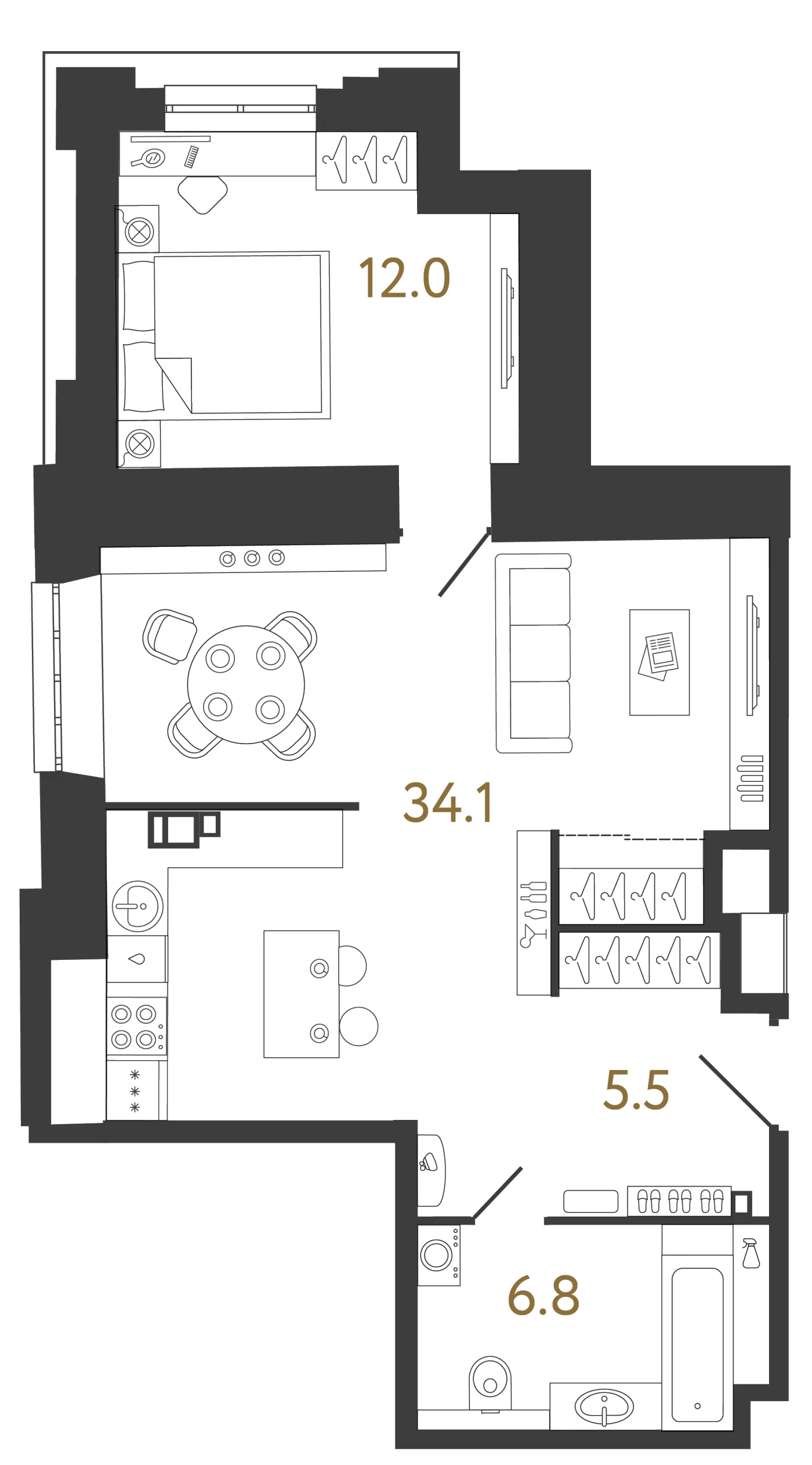 Планировка 1-комнатная 58,4 м² в ЖК «Светоч» — Светоч