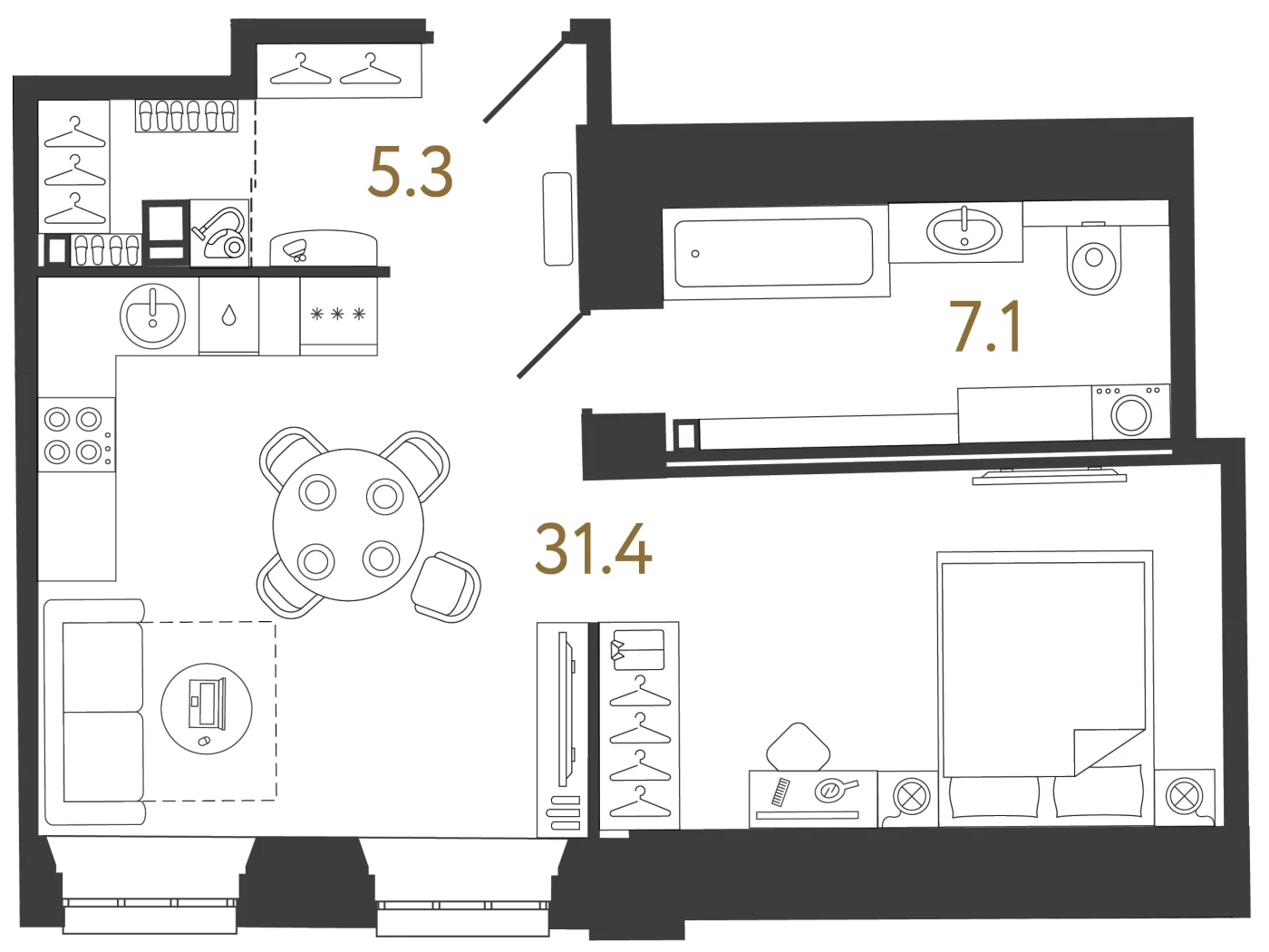Планировка студия 43,8 м² в ЖК «Светоч» — Светоч