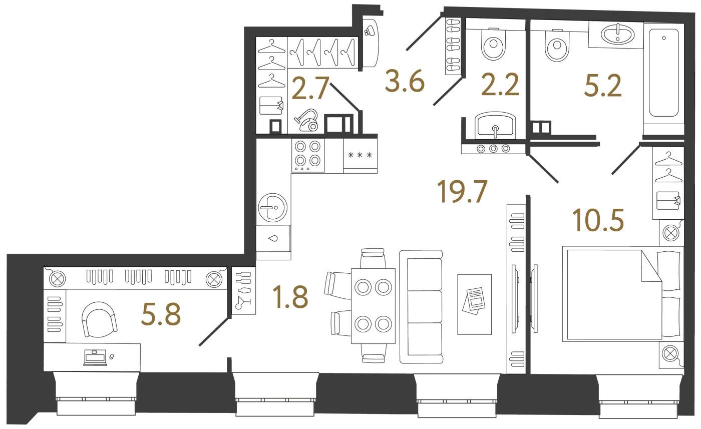 Планировка 2-комнатная 49,7 м² в ЖК «Светоч» — Светоч