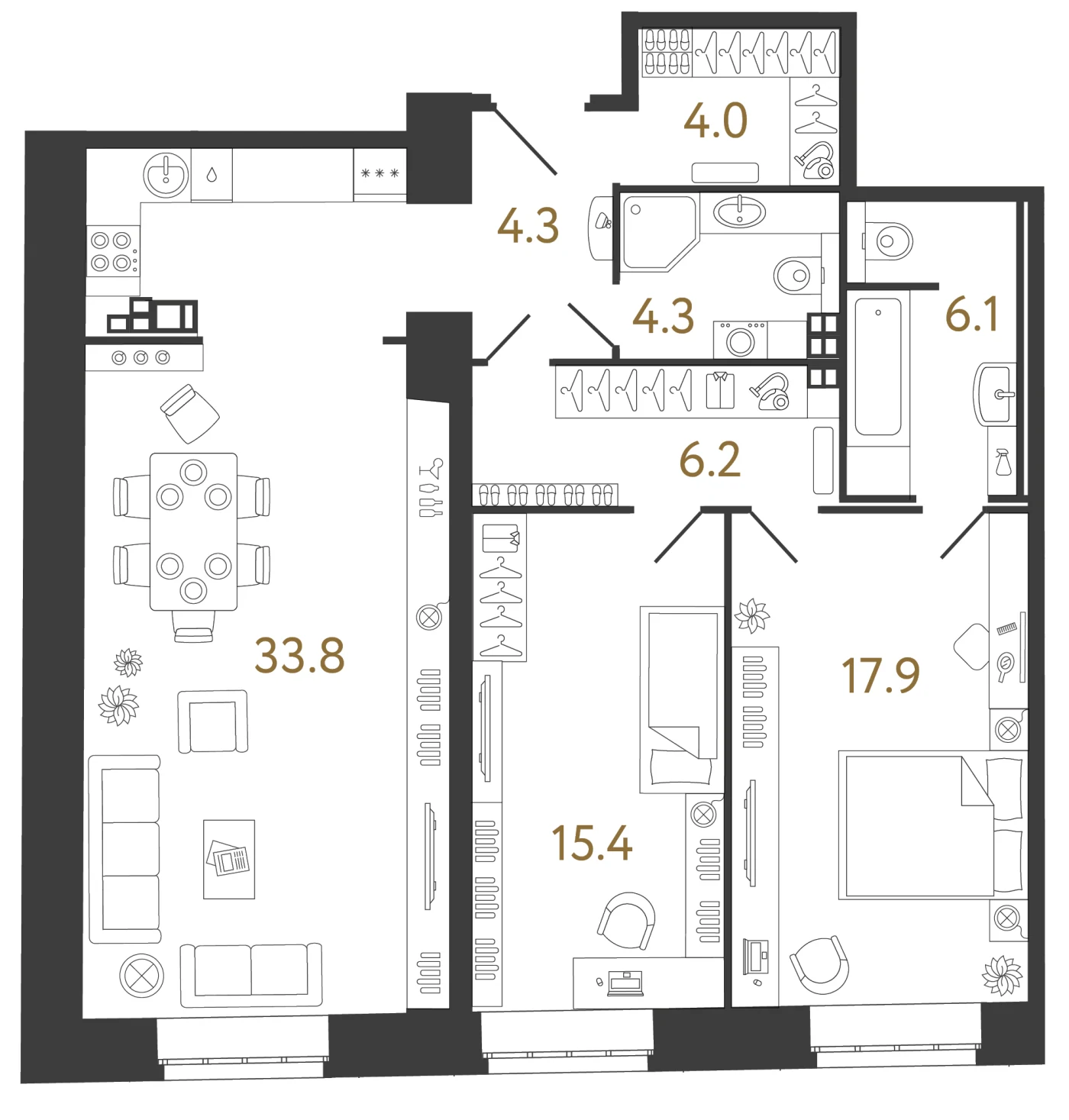 Планировка 2-комнатная 92 м² в ЖК «Светоч» — Светоч