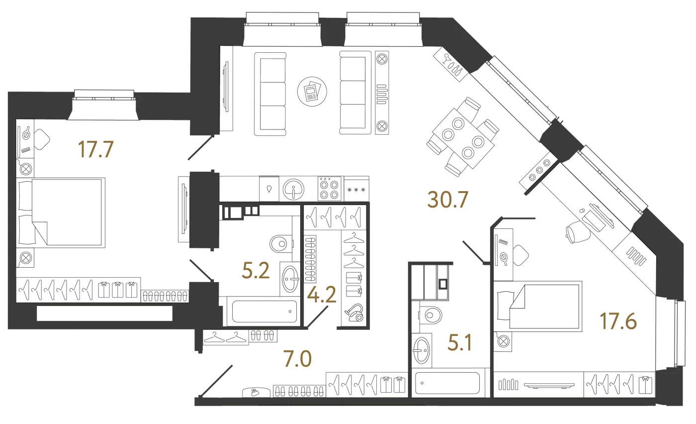 Планировка 2-комнатная 87,5 м² в ЖК «Светоч» — Светоч