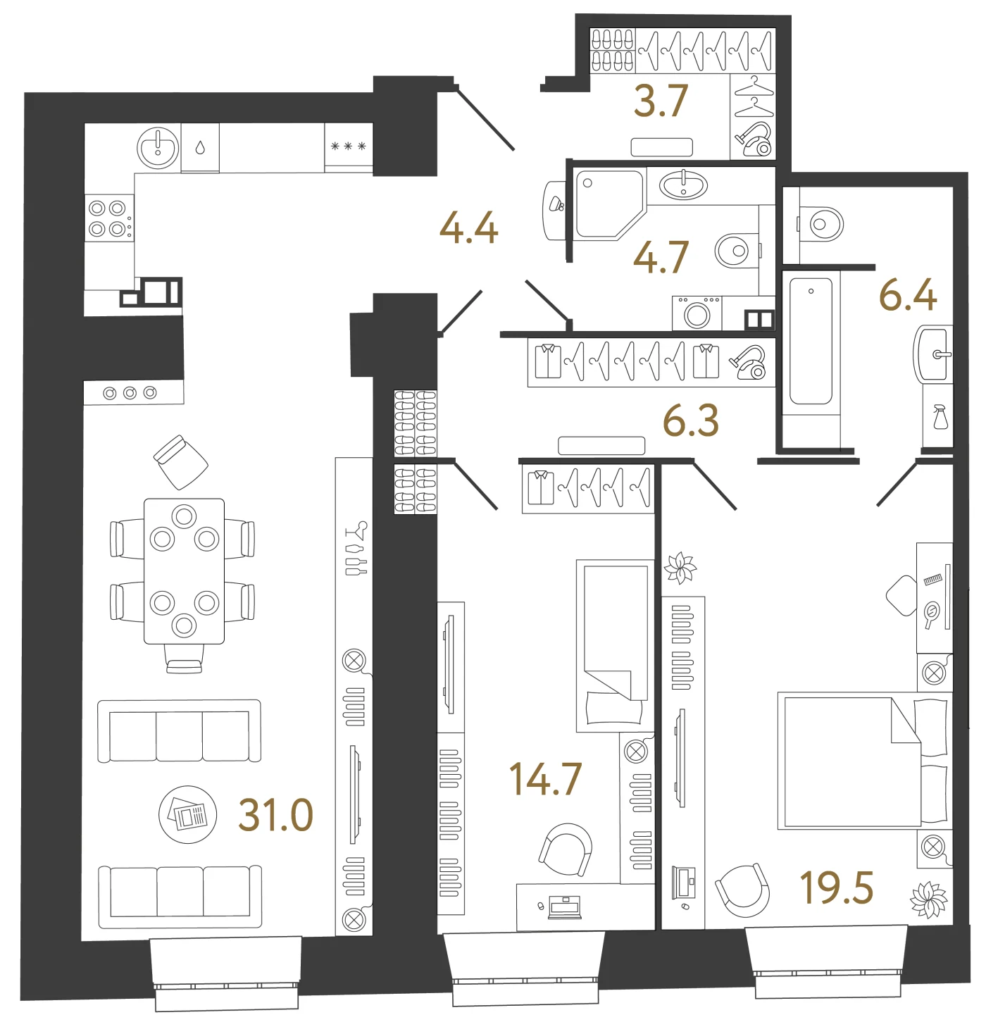 Планировка 2-комнатная 90,7 м² в ЖК «Светоч» — Светоч