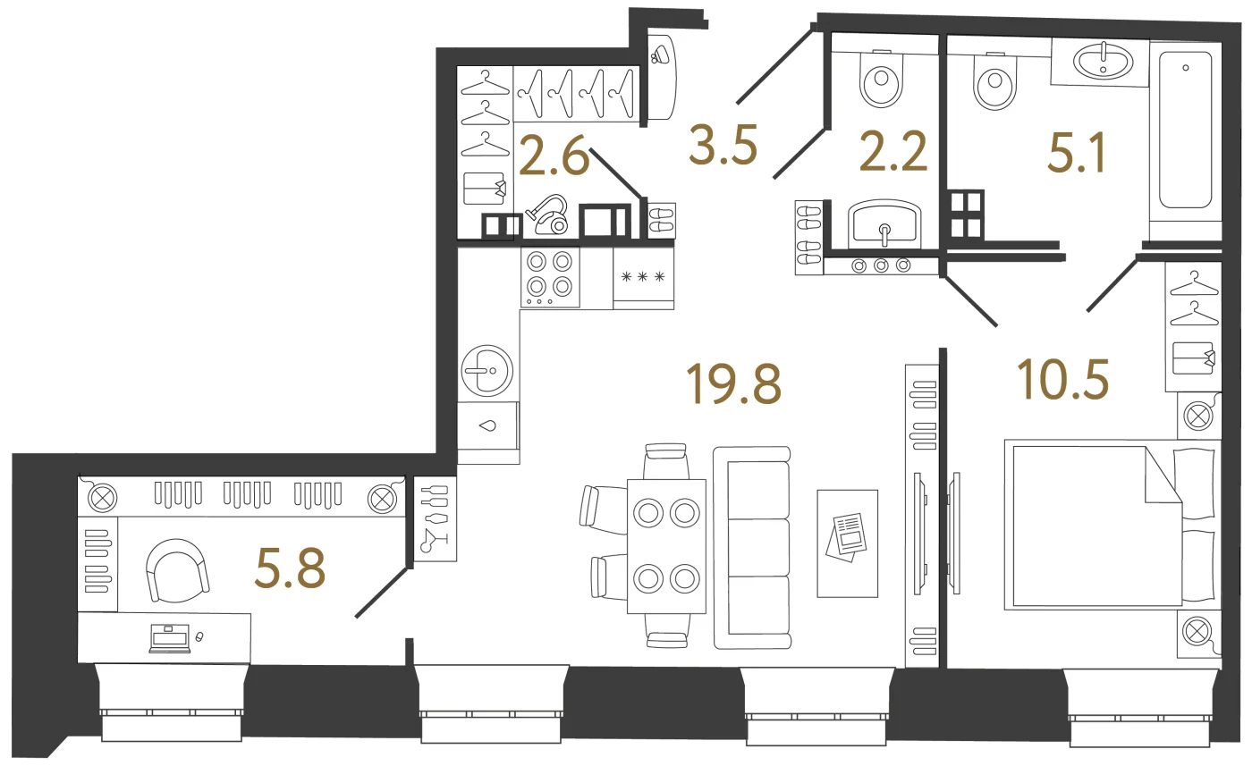 Планировка 2-комнатная 49,5 м² в ЖК «Светоч» — Светоч