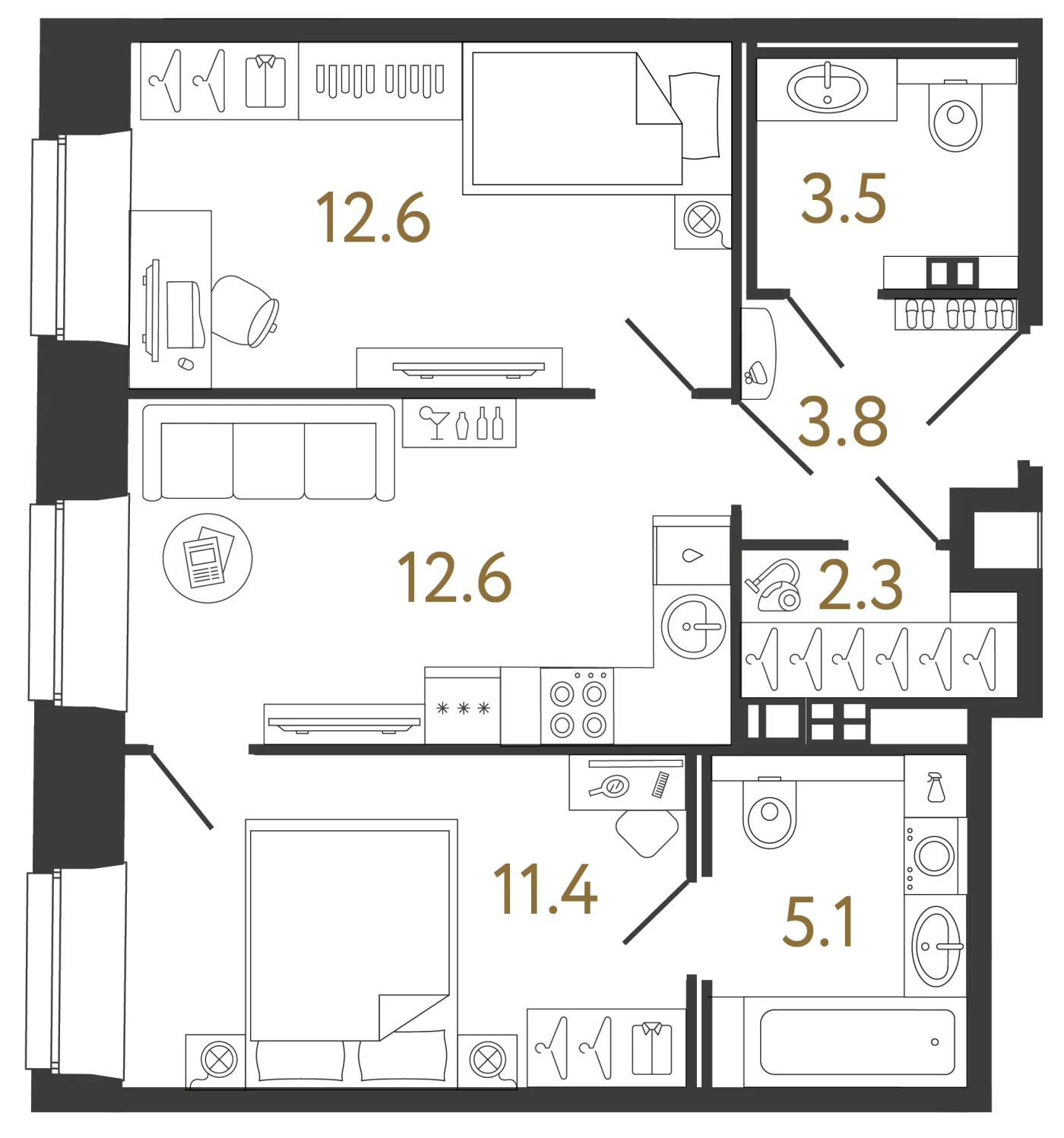 Планировка 2-комнатная 51,3 м² в ЖК «Светоч» — Светоч